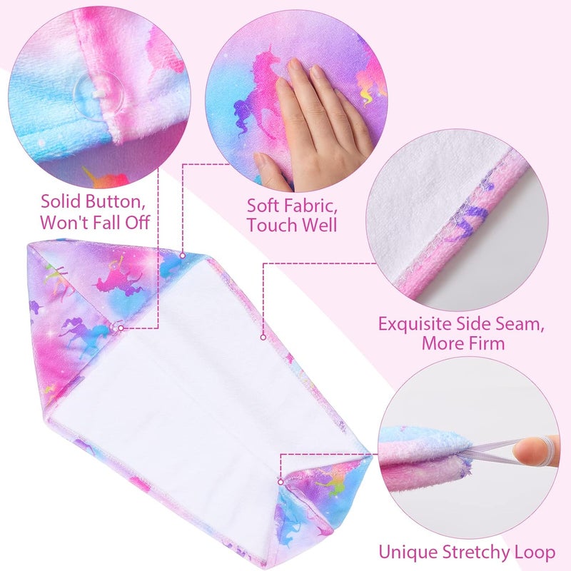 Basumee Microfiber Hair Towel Wrap for Kids 2 Pack Rapid Drying Hair Towel with Button Hair Turbans for Wet Hair Wraps Head Towel Wrap for Women and Girls, Rainbow Unicorn - Image 4